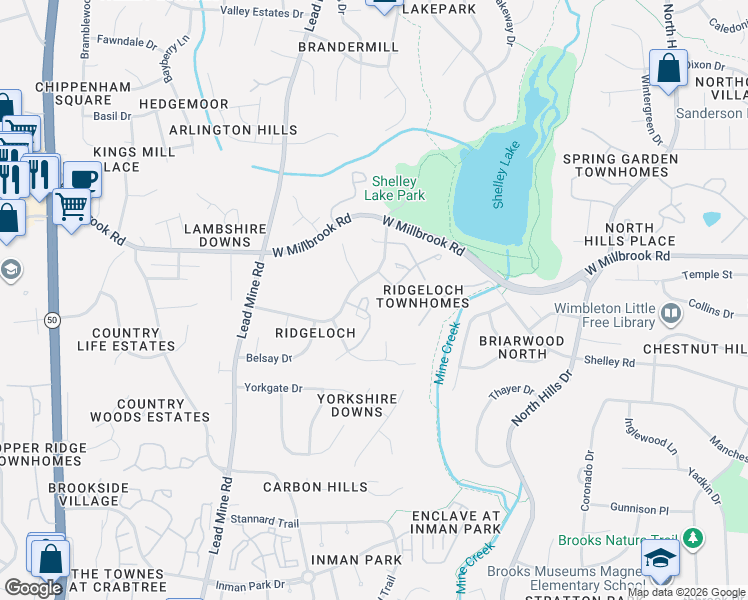 map of restaurants, bars, coffee shops, grocery stores, and more near 5445 Pine Top Circle in Raleigh