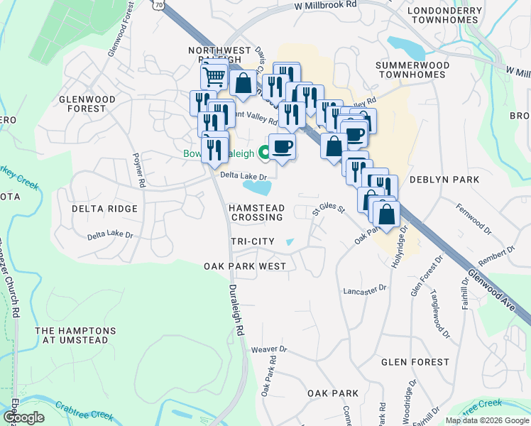 map of restaurants, bars, coffee shops, grocery stores, and more near 5539 Hamstead Crossing in Raleigh