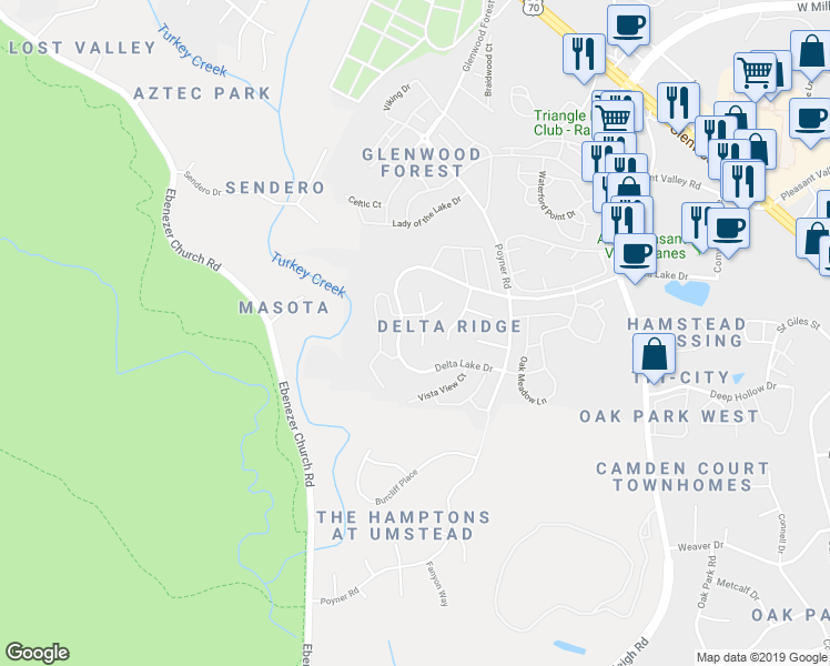 map of restaurants, bars, coffee shops, grocery stores, and more near 5509 Creekdale Circle in Raleigh