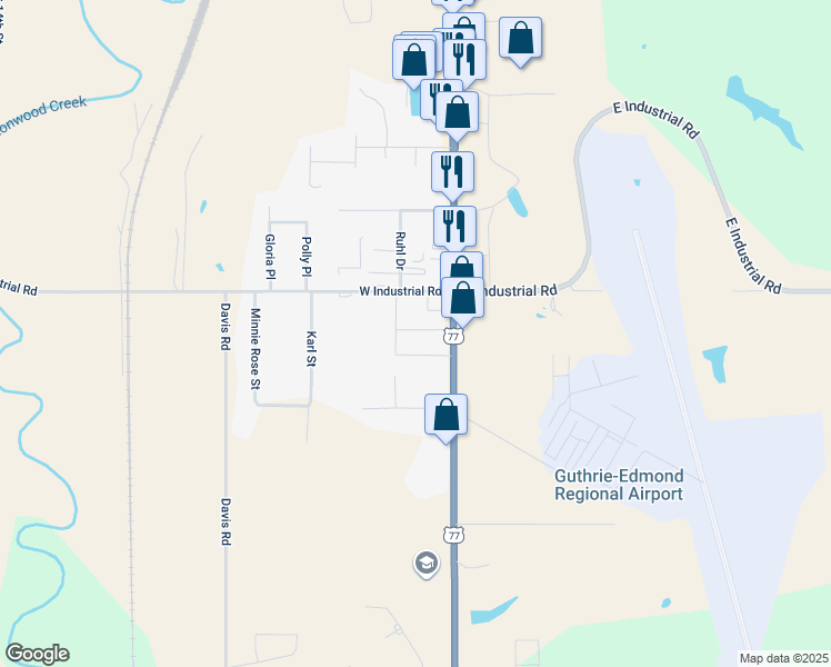 map of restaurants, bars, coffee shops, grocery stores, and more near 2401 South Division Street in Guthrie