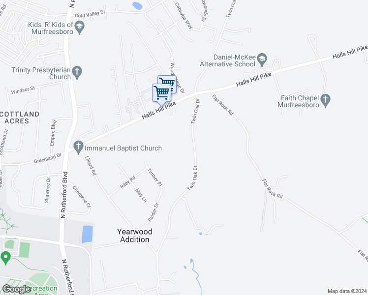map of restaurants, bars, coffee shops, grocery stores, and more near 905 Twin Oak Drive in Murfreesboro