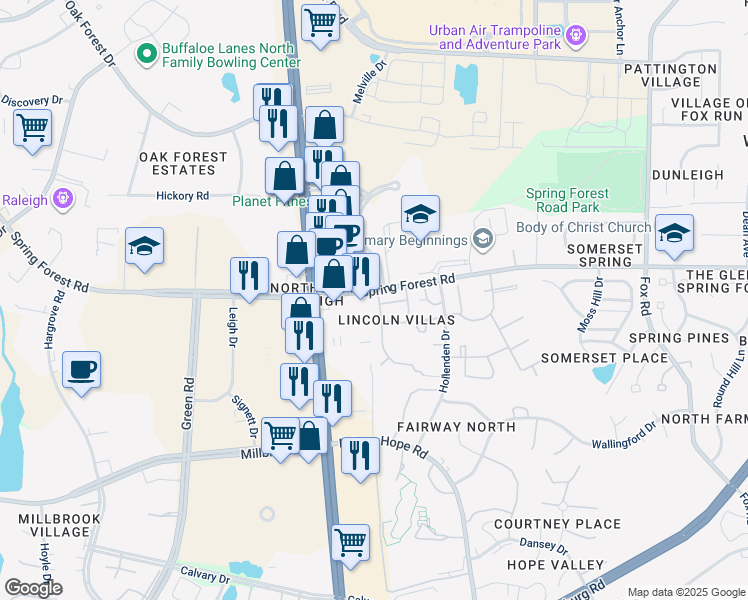 map of restaurants, bars, coffee shops, grocery stores, and more near 5077 Avenida Del Sol Drive in Raleigh