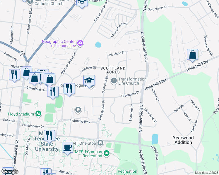 map of restaurants, bars, coffee shops, grocery stores, and more near 906 Whitehall Road in Murfreesboro