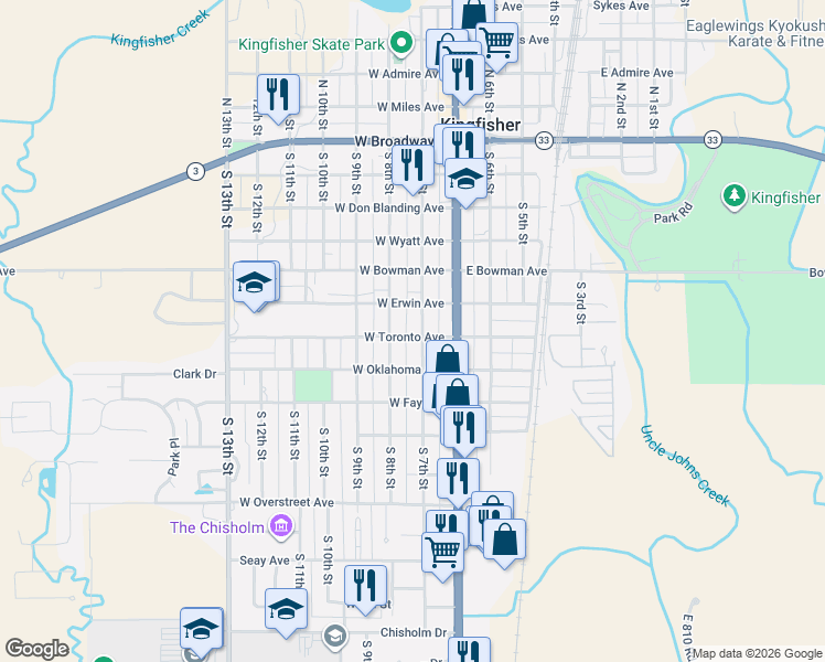 map of restaurants, bars, coffee shops, grocery stores, and more near 703 South 8th Street in Kingfisher