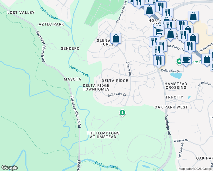 map of restaurants, bars, coffee shops, grocery stores, and more near 5509 Creekdale Circle in Raleigh
