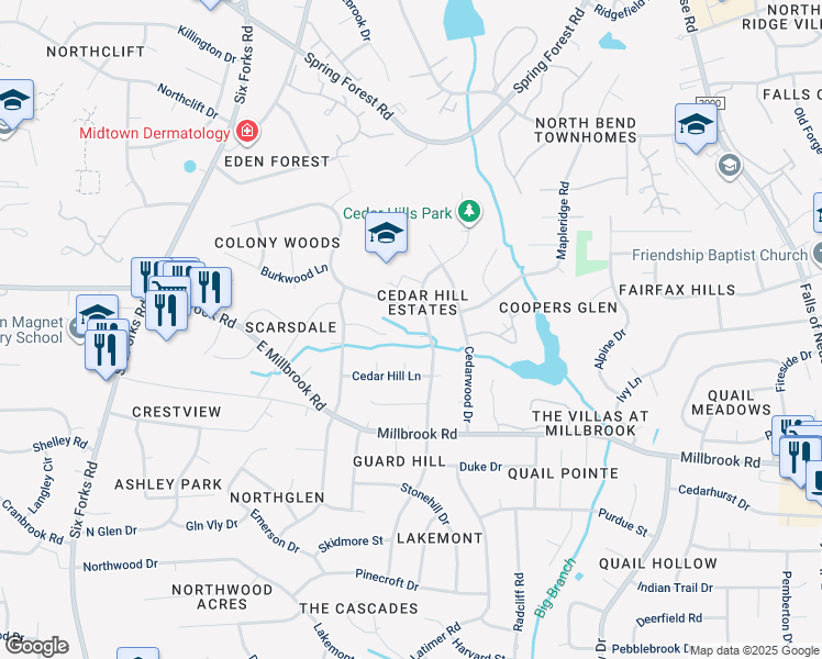 map of restaurants, bars, coffee shops, grocery stores, and more near 405 Westerwood Court in Raleigh
