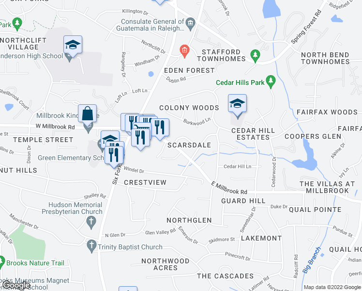 map of restaurants, bars, coffee shops, grocery stores, and more near 5200 Sedgefield Drive in Raleigh
