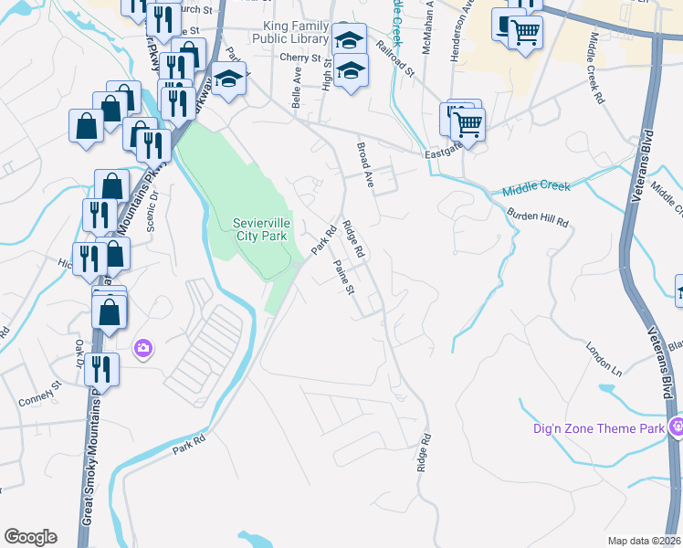 map of restaurants, bars, coffee shops, grocery stores, and more near 901 Central Avenue in Sevierville