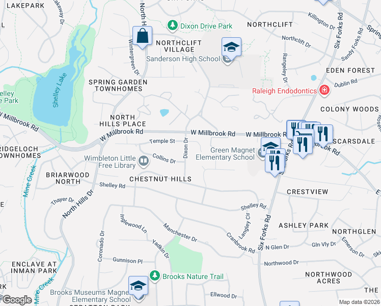 map of restaurants, bars, coffee shops, grocery stores, and more near 5223 Lansdowne Place in Raleigh