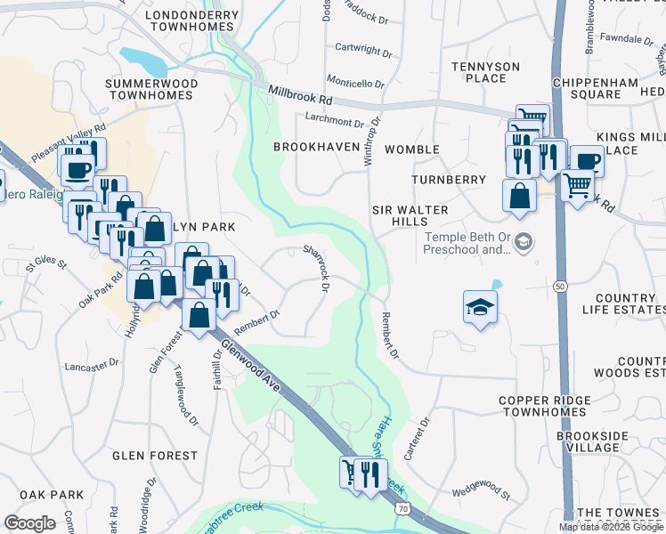 map of restaurants, bars, coffee shops, grocery stores, and more near 4918 Rembert Drive in Raleigh