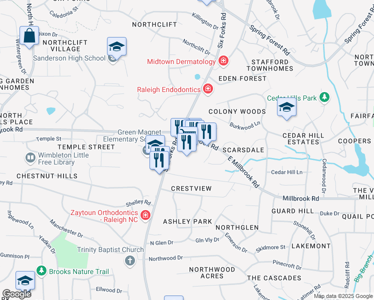 map of restaurants, bars, coffee shops, grocery stores, and more near 5426 Six Forks Road in Raleigh