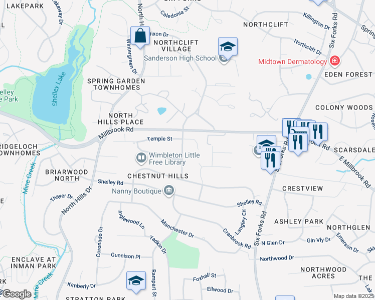 map of restaurants, bars, coffee shops, grocery stores, and more near 5304 Dixon Drive in Raleigh