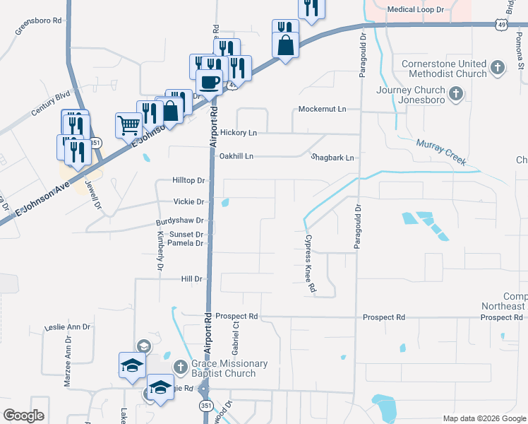 map of restaurants, bars, coffee shops, grocery stores, and more near 4204 Clowder Lane in Jonesboro
