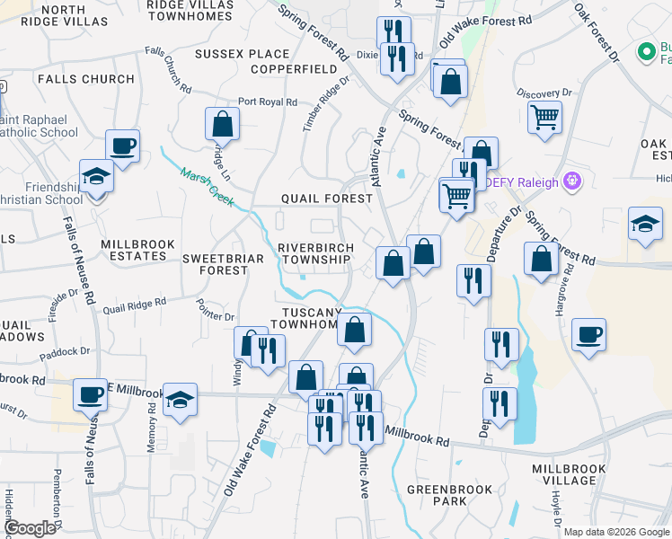 map of restaurants, bars, coffee shops, grocery stores, and more near 5401 Old Wake Forest Road in Raleigh