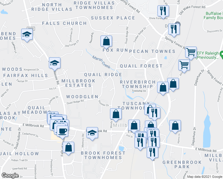 map of restaurants, bars, coffee shops, grocery stores, and more near 5114 Windy Hill Drive in Raleigh
