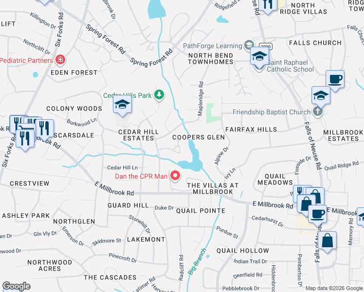 map of restaurants, bars, coffee shops, grocery stores, and more near 614 Pine Ridge Place in Raleigh