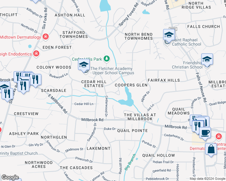 map of restaurants, bars, coffee shops, grocery stores, and more near 539 Pine Ridge Place in Raleigh