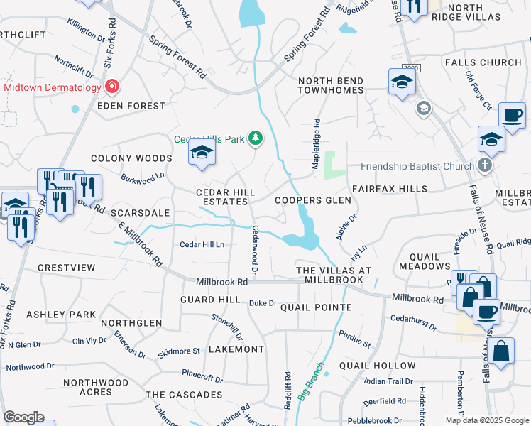 map of restaurants, bars, coffee shops, grocery stores, and more near 539 Pine Ridge Place in Raleigh