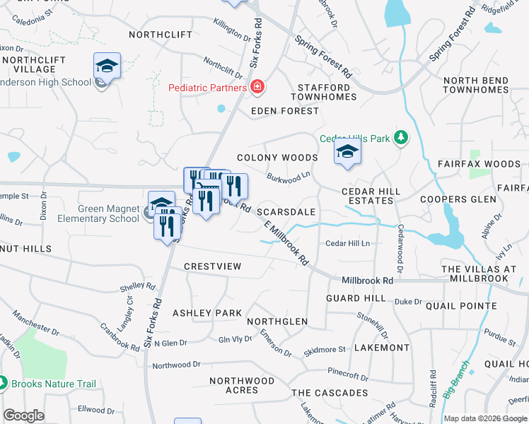 map of restaurants, bars, coffee shops, grocery stores, and more near 5200 Sedgefield Drive in Raleigh