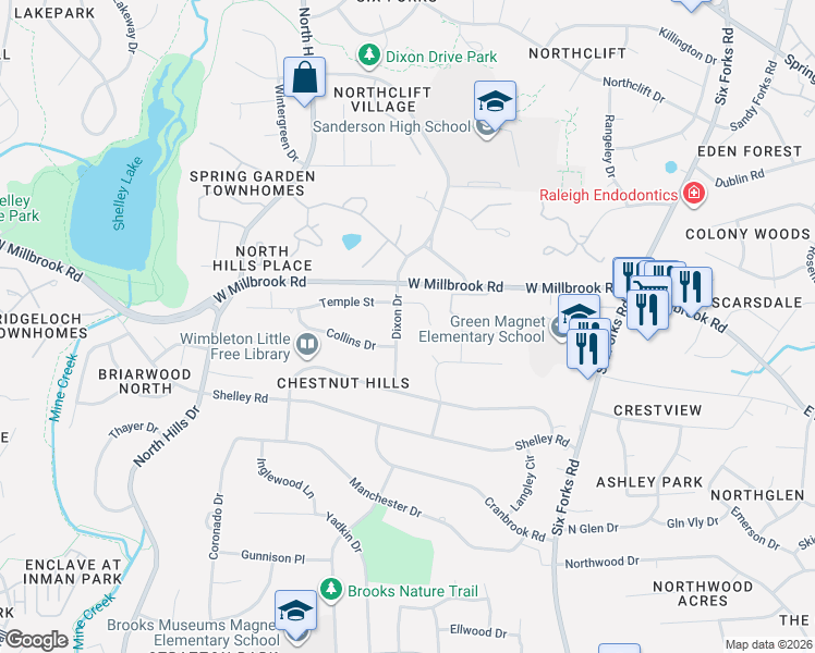 map of restaurants, bars, coffee shops, grocery stores, and more near 5223 Lansdowne Place in Raleigh