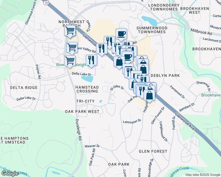 map of restaurants, bars, coffee shops, grocery stores, and more near 6148 Saint Giles Street in Raleigh