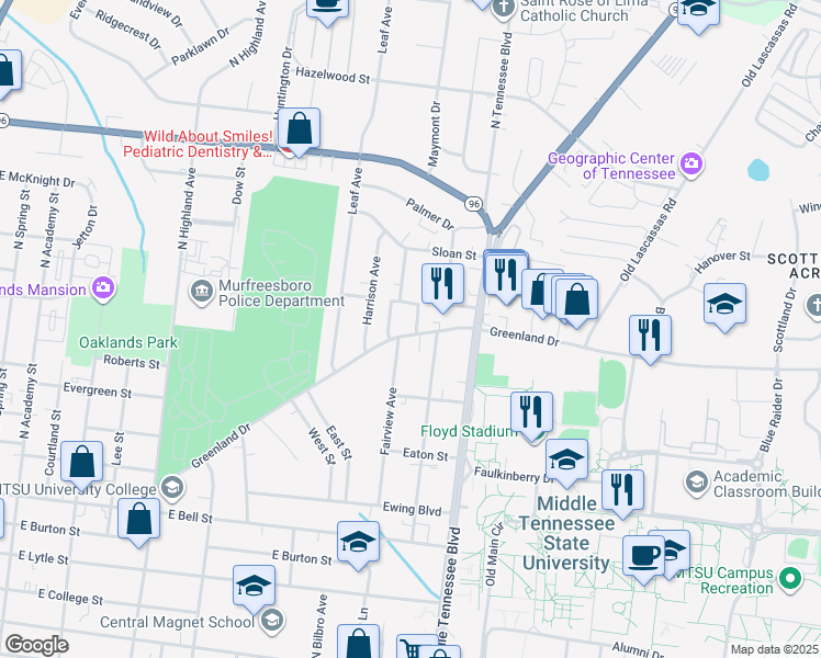 map of restaurants, bars, coffee shops, grocery stores, and more near 820 Fairview Avenue in Murfreesboro