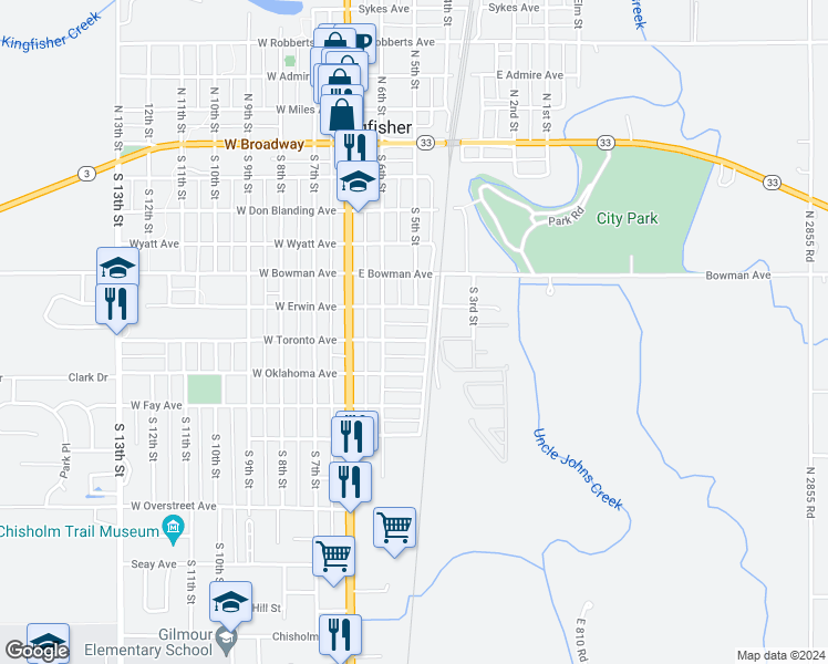 map of restaurants, bars, coffee shops, grocery stores, and more near 217 East Toronto Avenue in Kingfisher