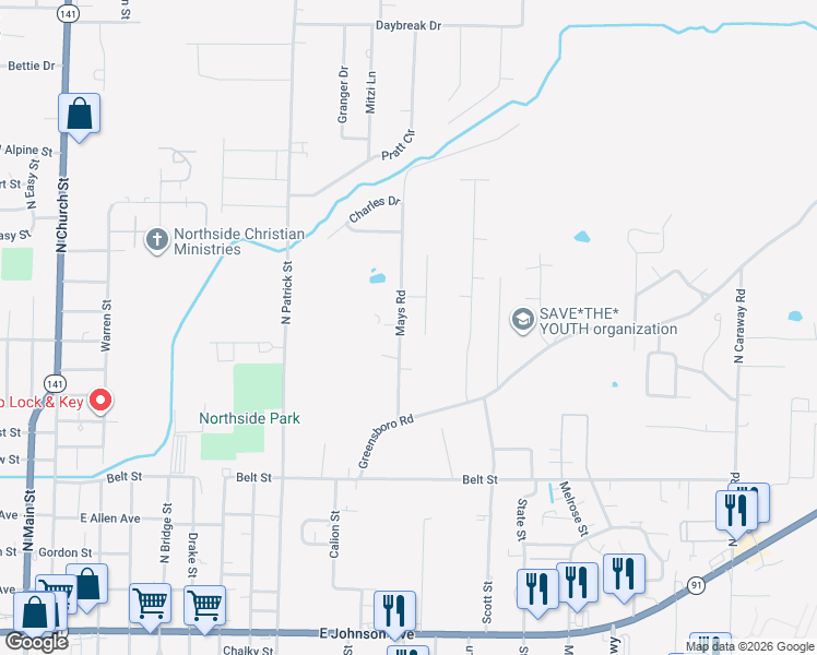 map of restaurants, bars, coffee shops, grocery stores, and more near 912 Mays Road in Jonesboro