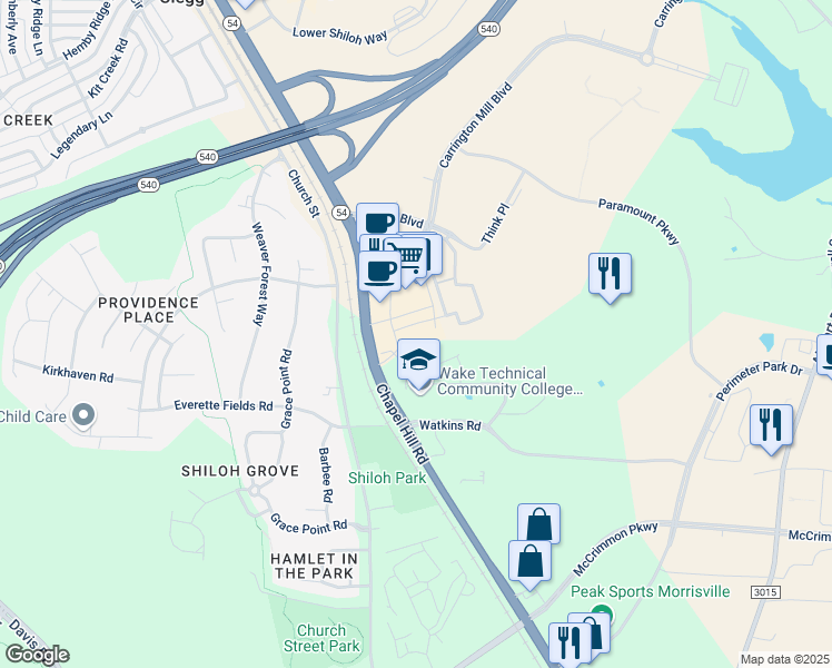map of restaurants, bars, coffee shops, grocery stores, and more near 10962 Chapel Hill Road in Morrisville