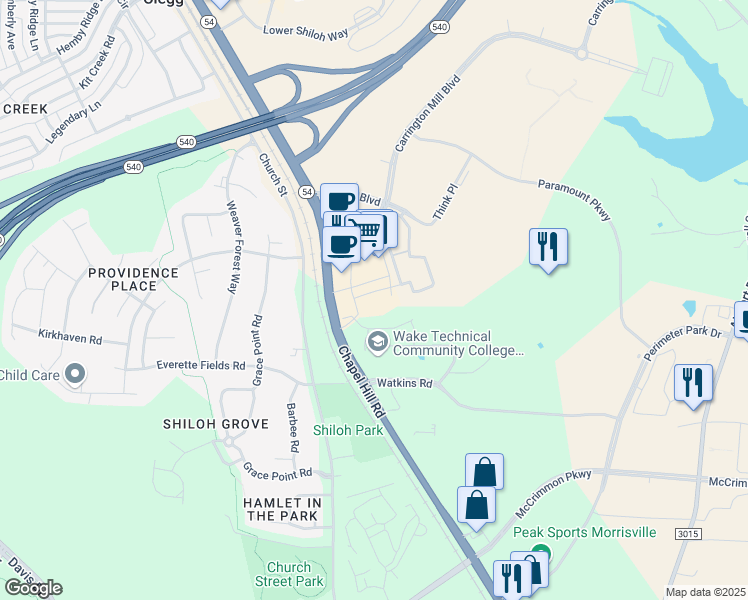 map of restaurants, bars, coffee shops, grocery stores, and more near 10962 Chapel Hill Road in Morrisville