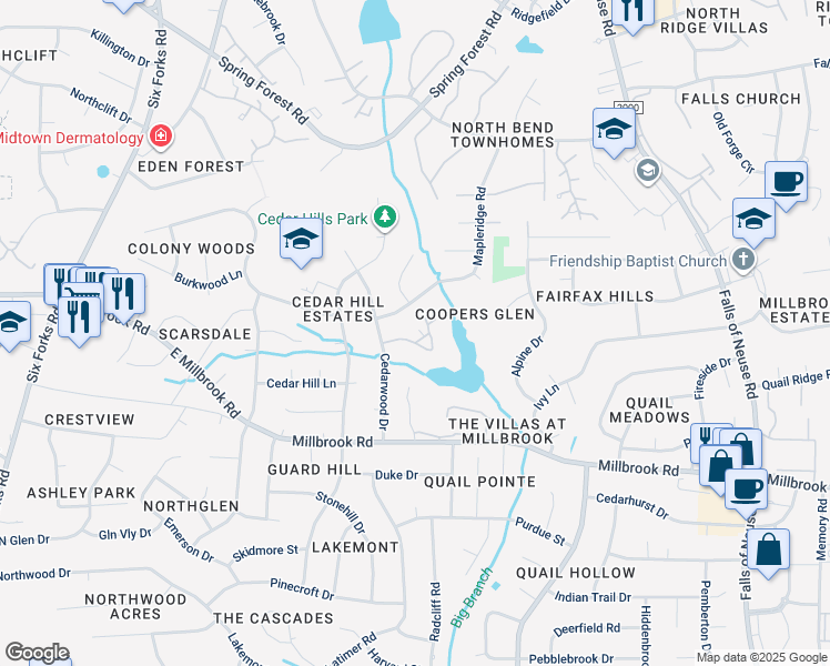 map of restaurants, bars, coffee shops, grocery stores, and more near 614 Pine Ridge Place in Raleigh