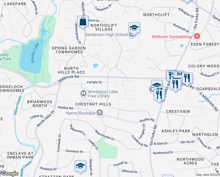 map of restaurants, bars, coffee shops, grocery stores, and more near 5304 Dixon Drive in Raleigh