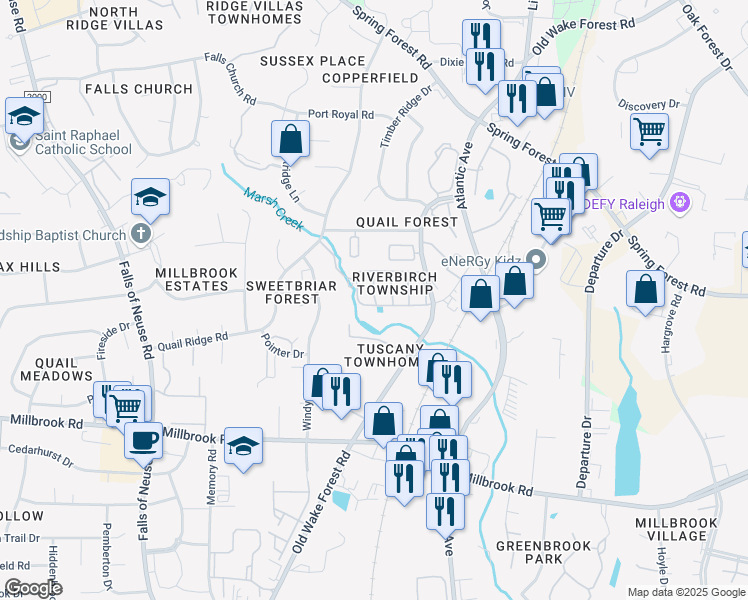 map of restaurants, bars, coffee shops, grocery stores, and more near 1534 Township Circle in Raleigh