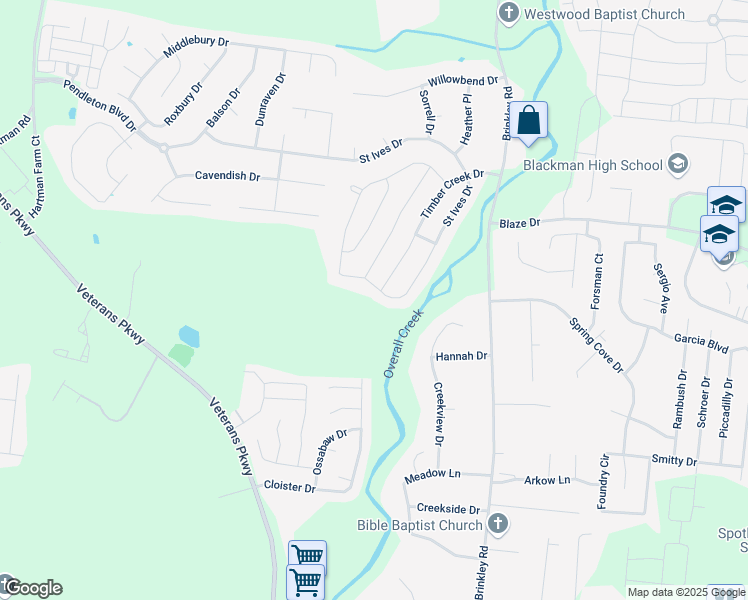 map of restaurants, bars, coffee shops, grocery stores, and more near 4912 Saint Ives Drive in Murfreesboro