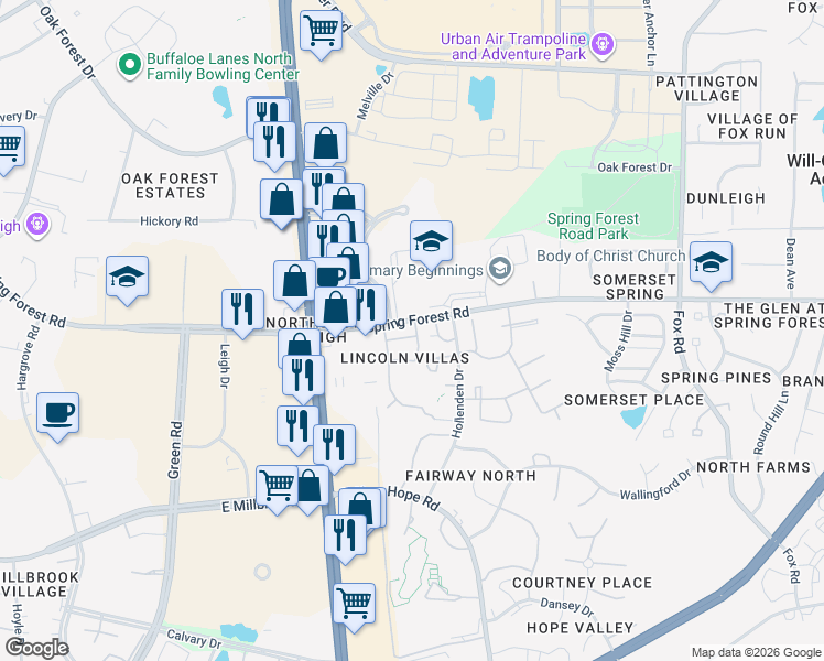 map of restaurants, bars, coffee shops, grocery stores, and more near 3709 San Pablo Drive in Raleigh