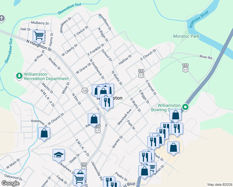 map of restaurants, bars, coffee shops, grocery stores, and more near in Williamston