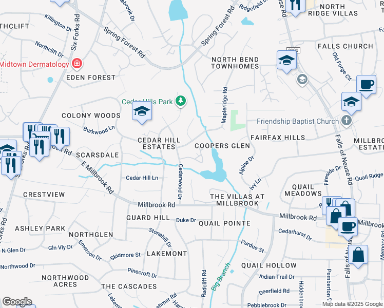 map of restaurants, bars, coffee shops, grocery stores, and more near 539 Pine Ridge Place in Raleigh