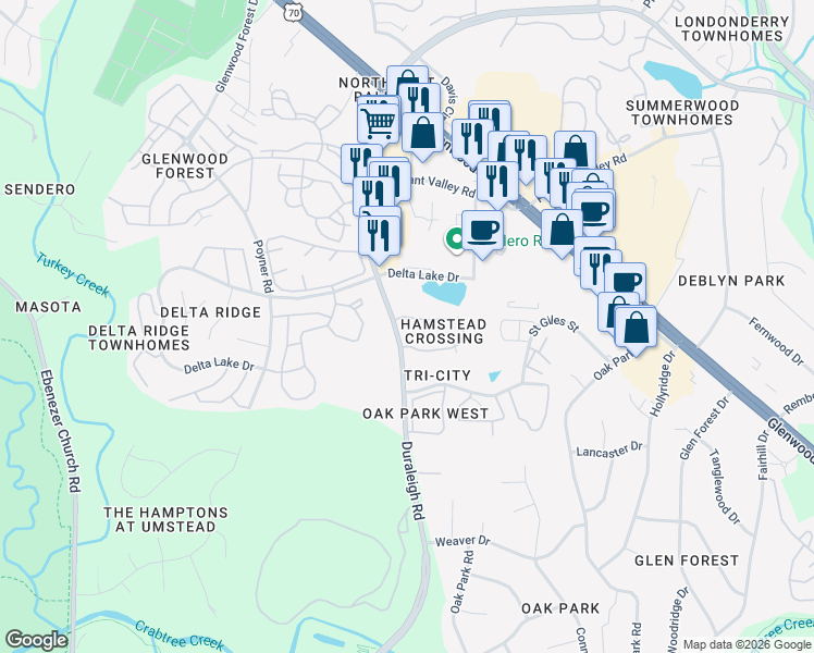 map of restaurants, bars, coffee shops, grocery stores, and more near 5503 Hamstead Crossing in Raleigh