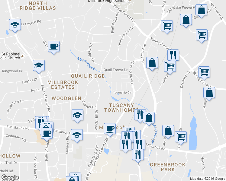 map of restaurants, bars, coffee shops, grocery stores, and more near 1714 Township Circle in Raleigh