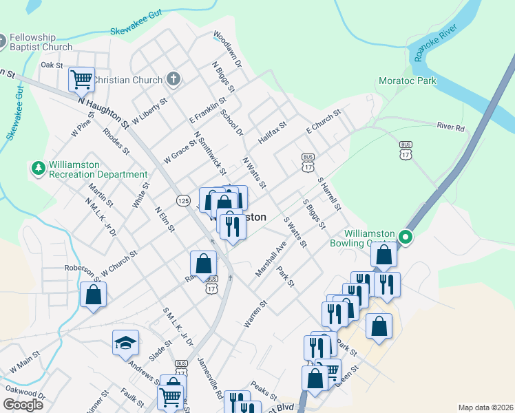 map of restaurants, bars, coffee shops, grocery stores, and more near in Williamston
