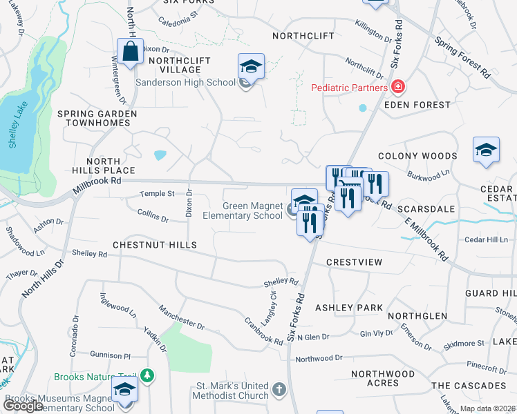 map of restaurants, bars, coffee shops, grocery stores, and more near 709 Coventry Court in Raleigh
