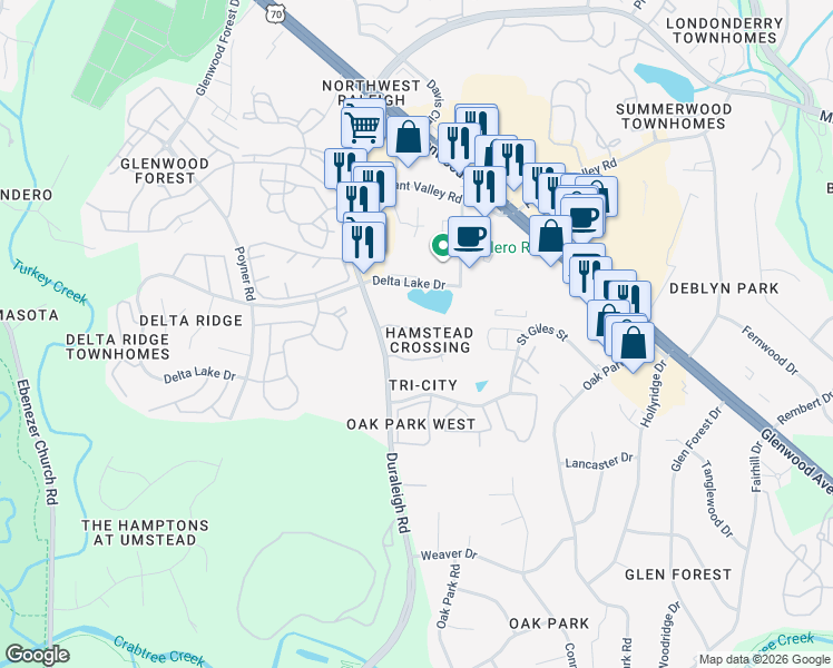 map of restaurants, bars, coffee shops, grocery stores, and more near 5539 Hamstead Crossing in Raleigh