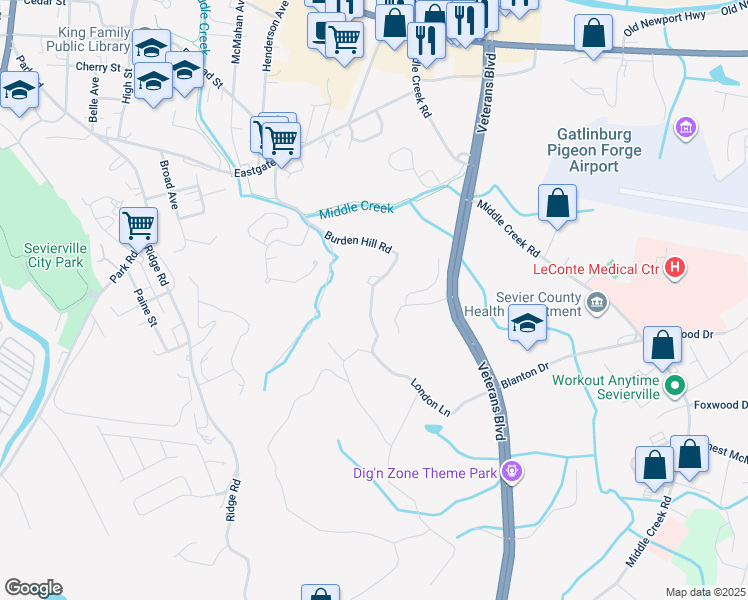 map of restaurants, bars, coffee shops, grocery stores, and more near 941 Burden Hill Road in Sevierville