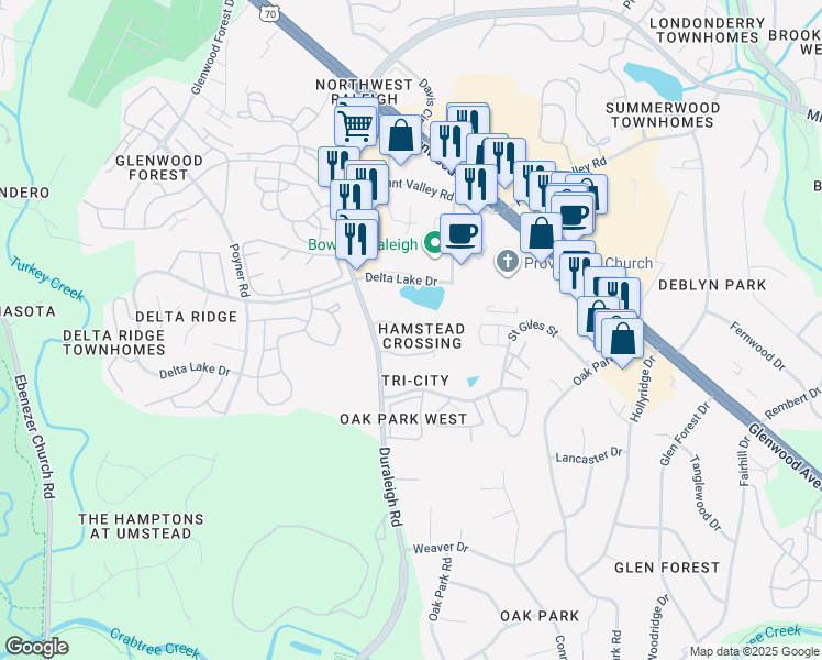 map of restaurants, bars, coffee shops, grocery stores, and more near 5539 Hamstead Crossing in Raleigh