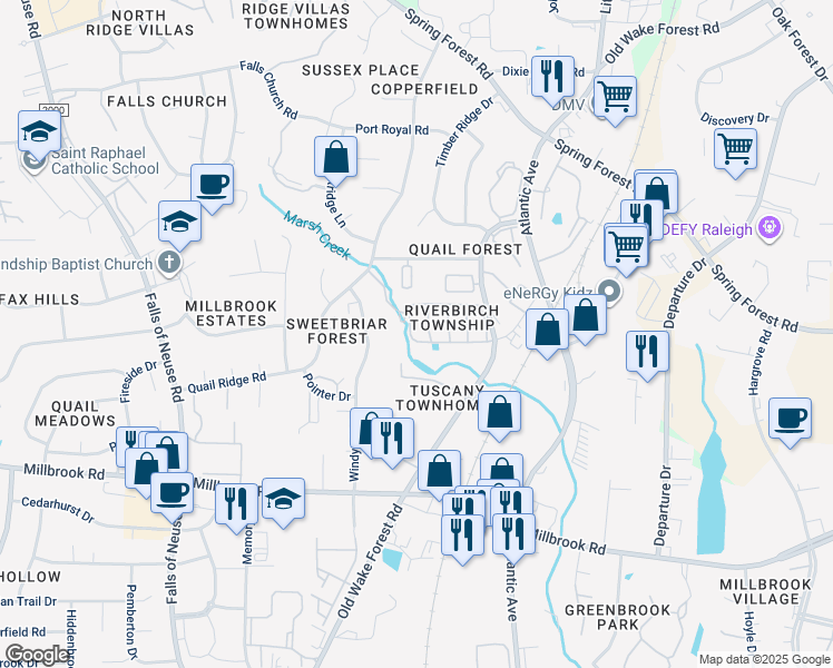 map of restaurants, bars, coffee shops, grocery stores, and more near 1714 Township Circle in Raleigh
