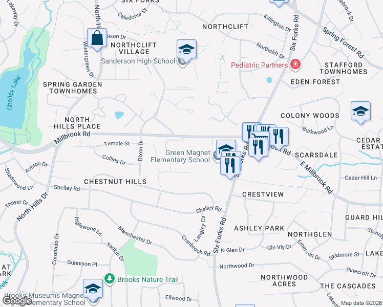map of restaurants, bars, coffee shops, grocery stores, and more near 709 Coventry Court in Raleigh