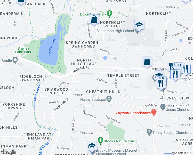 map of restaurants, bars, coffee shops, grocery stores, and more near 1012 Collins Drive in Raleigh