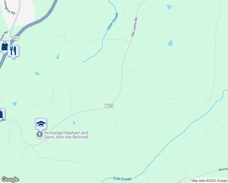 map of restaurants, bars, coffee shops, grocery stores, and more near 1319 Old Lystra Road in Chapel Hill