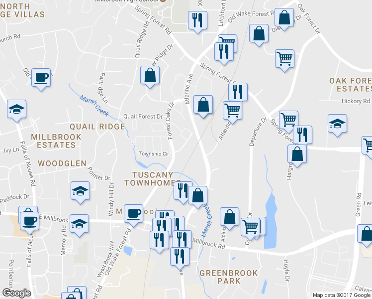 map of restaurants, bars, coffee shops, grocery stores, and more near 5512 Old Wake Forest Road in Raleigh