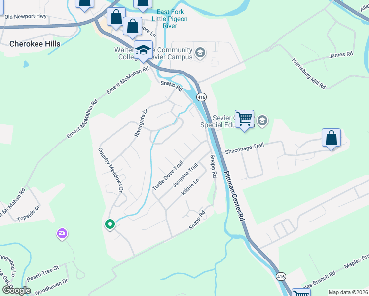 map of restaurants, bars, coffee shops, grocery stores, and more near 1593 Turtle Dove Trail in Sevierville